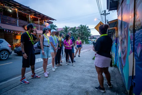A guide leading the walking tour group along a street lined with murals at dusk